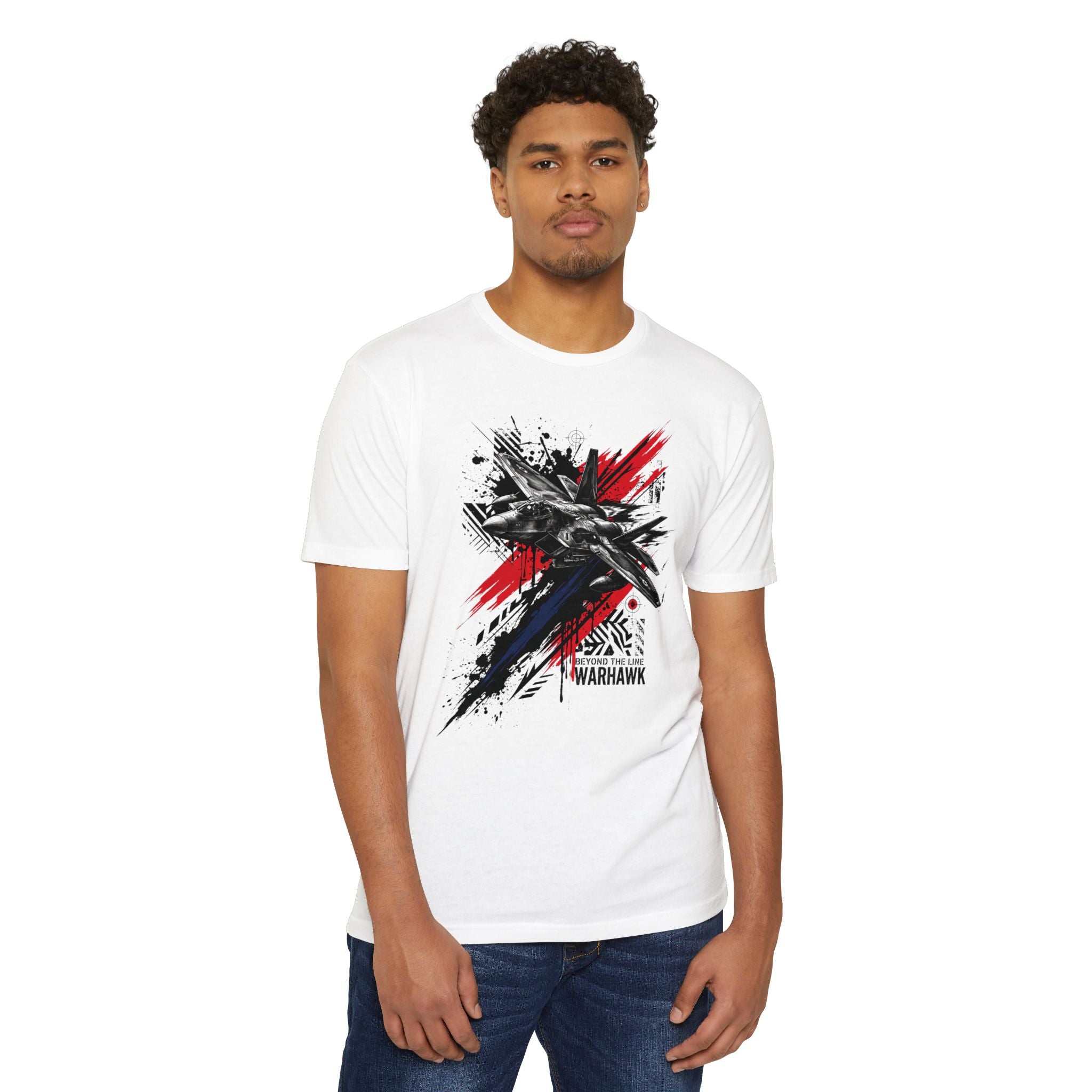 White jet graffiti t-shirt with fighter plane graphic at center front.