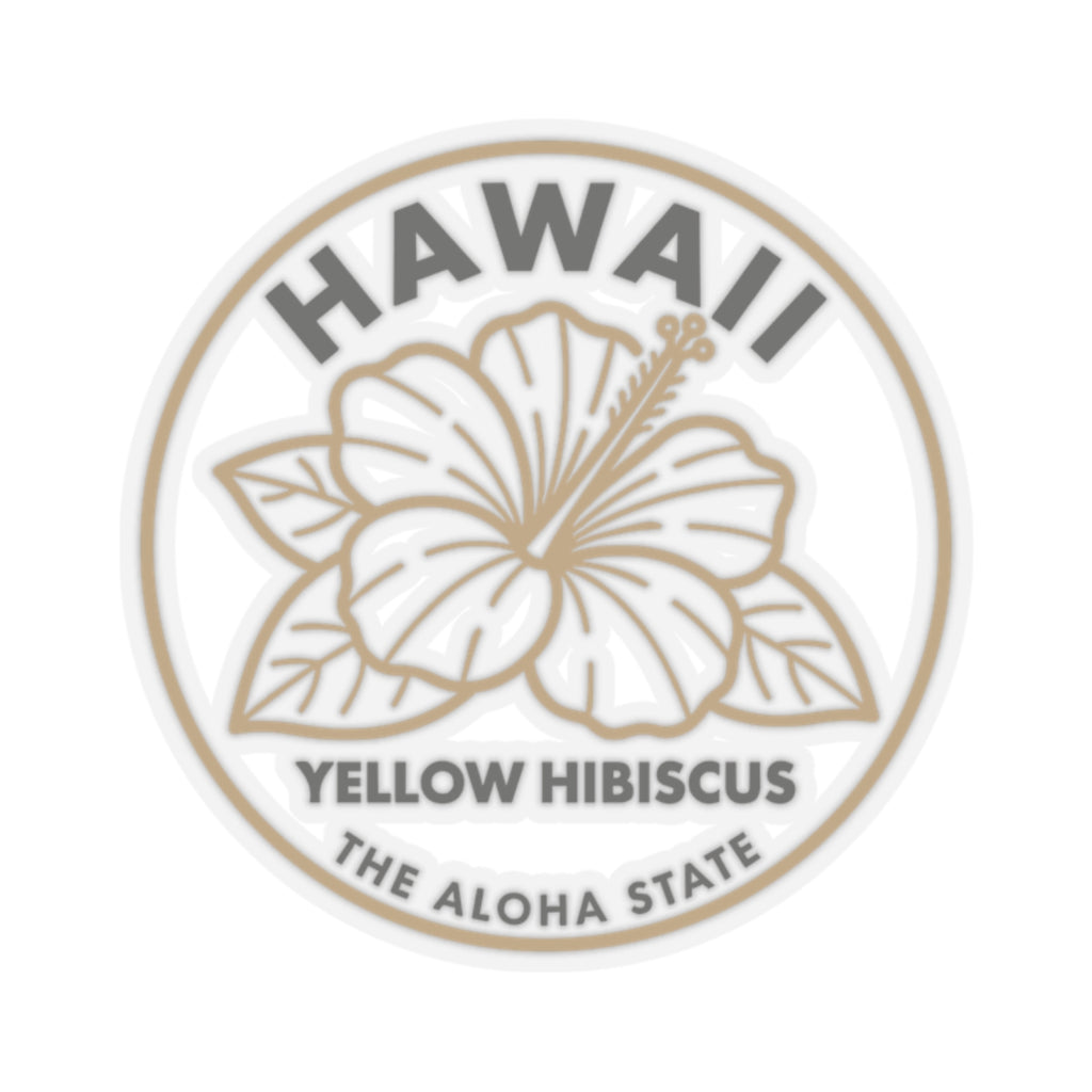Round hibiscus state sticker with gray text: HAWAII, YELLOW HIBISCUS, THE ALOHA STATE