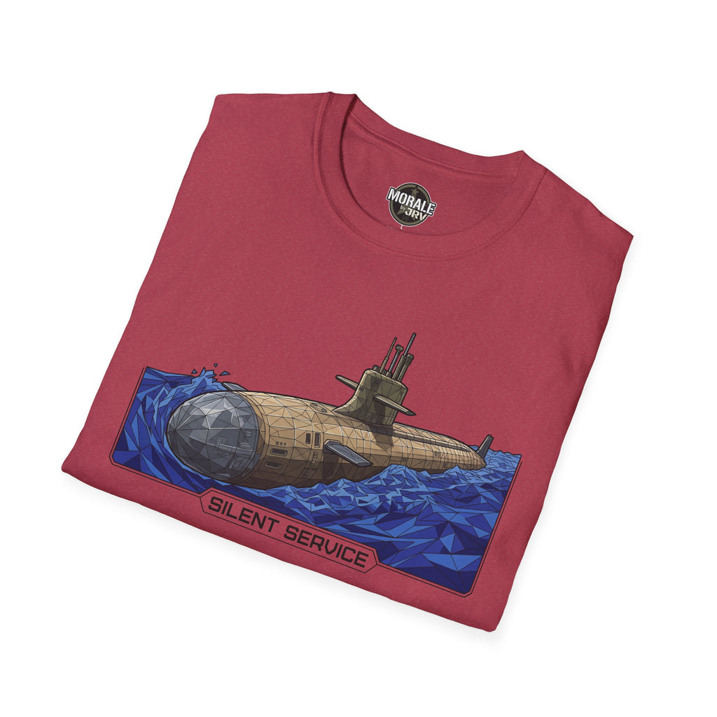 Maroon T-shirt with submarine graphic and “SILENT SERVICE”
