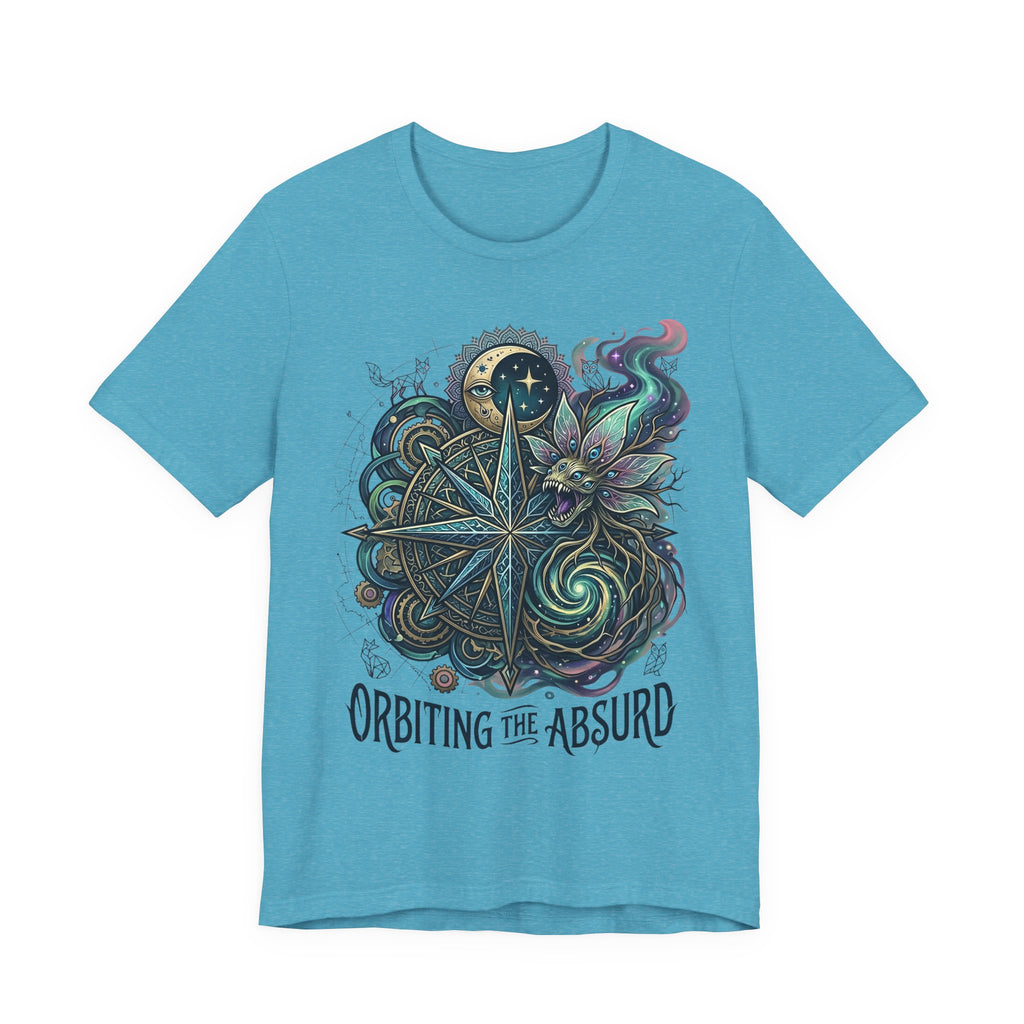 Teal-blue unisex T-shirt with celestial compass and owl graphic, “Orbiting the Absurd”