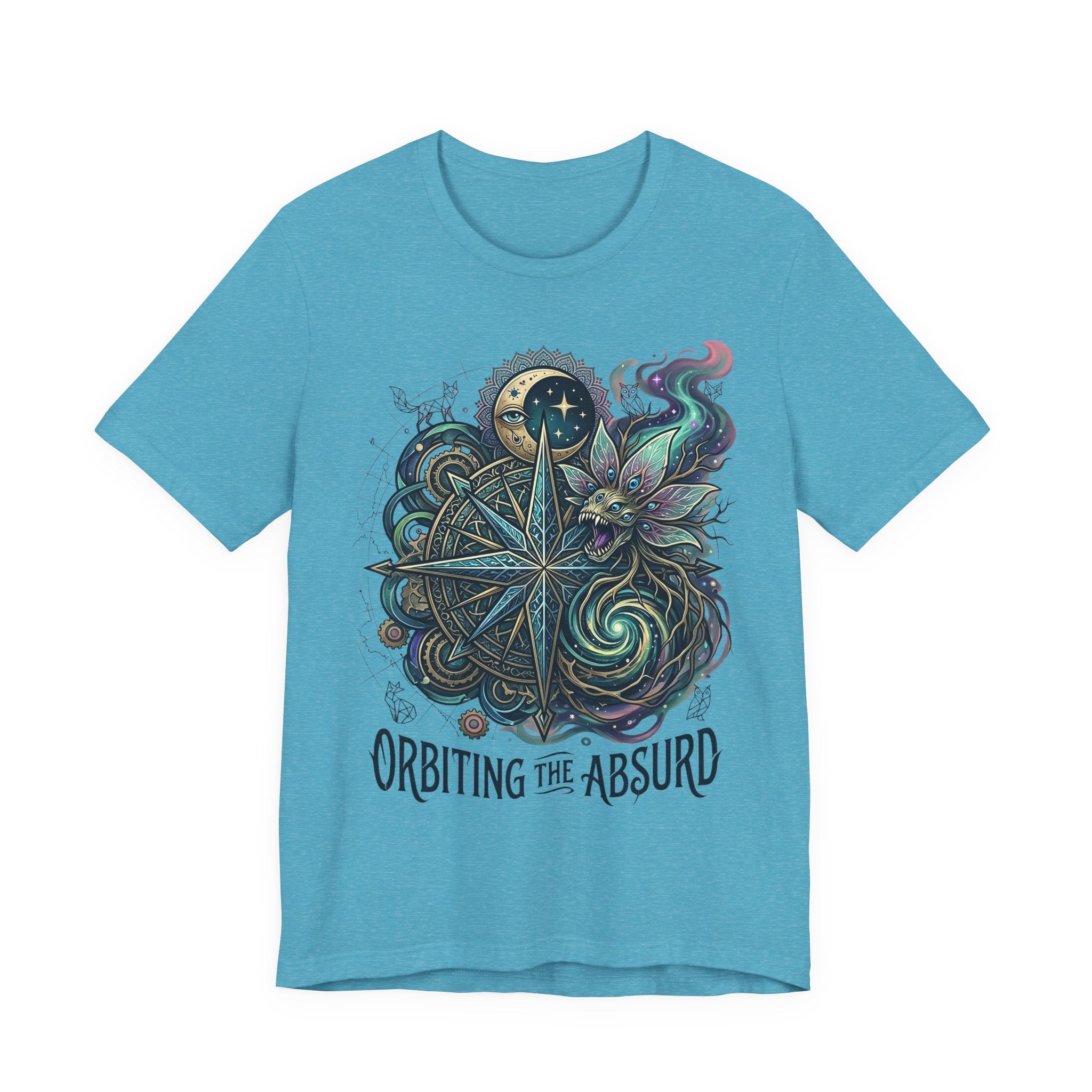Teal-blue unisex T-shirt with celestial compass and owl graphic, “Orbiting the Absurd”