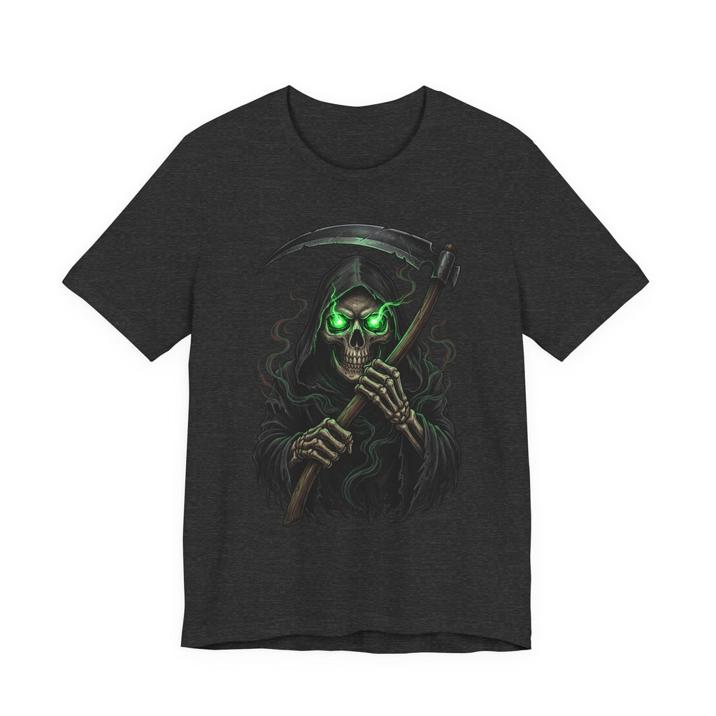 Dark heather gray unisex T-shirt with neon green skull gripping scythe