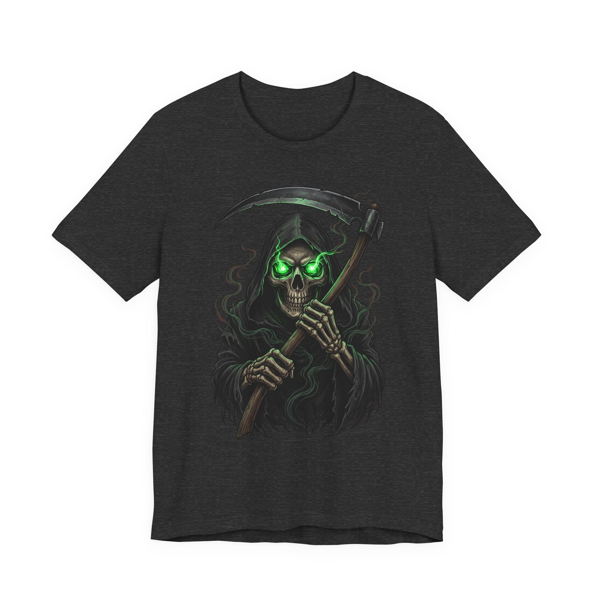 Dark heather gray unisex T-shirt with neon green skull gripping scythe