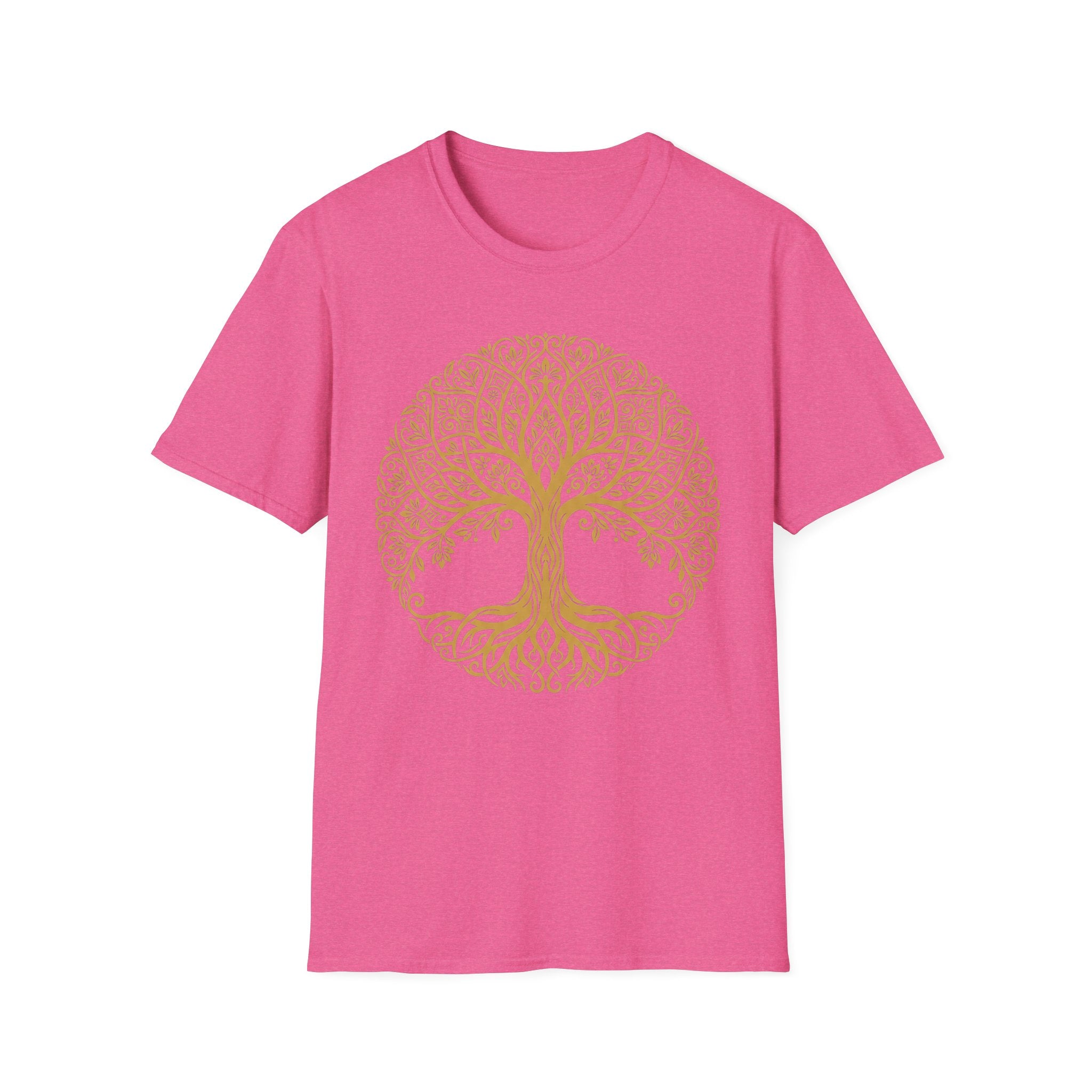Gold Tree of Life T-shirt, Celtic mandala tree graphic on pink tee