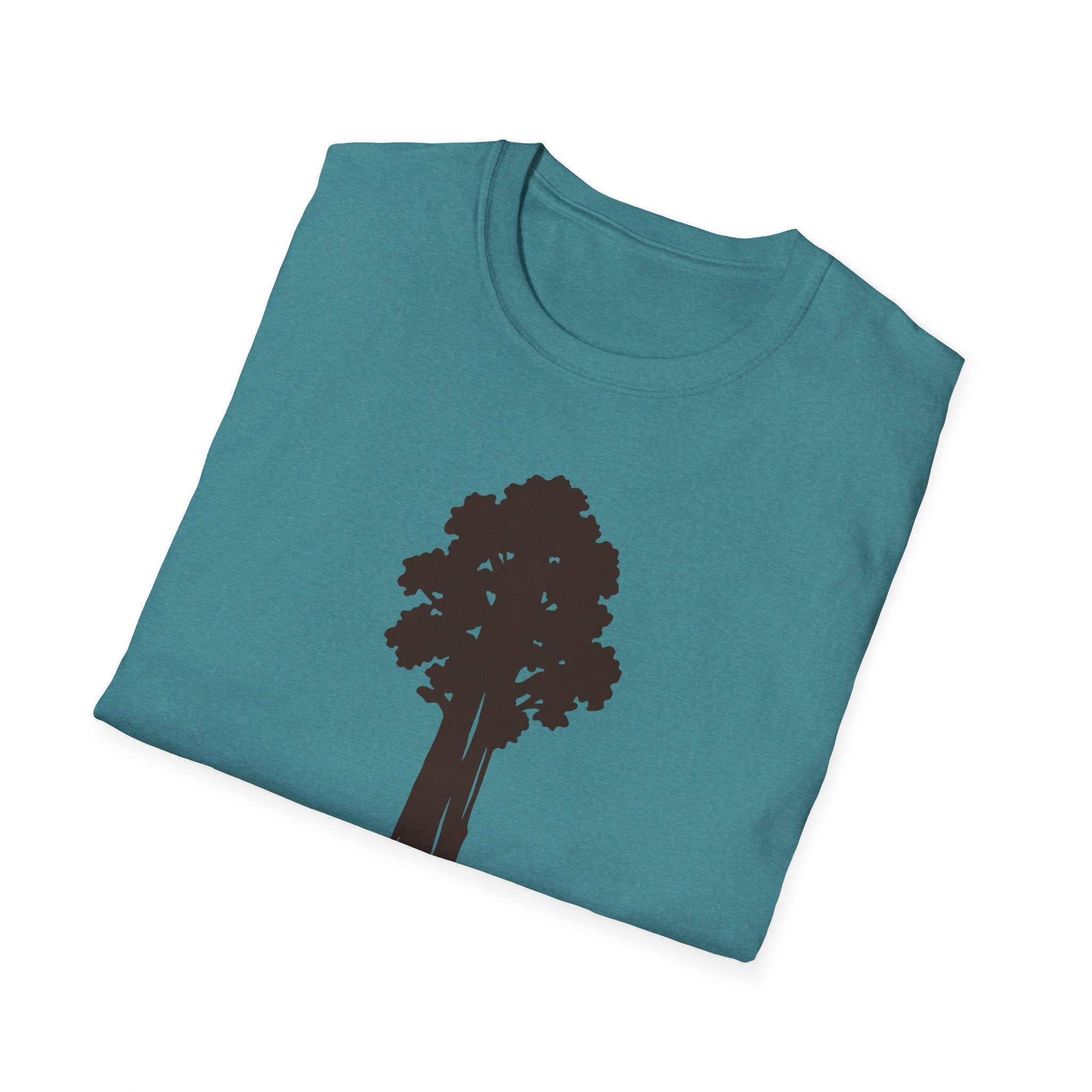 Teal T-shirt with sequoia tree graphic on the chest, minimalist nature design
