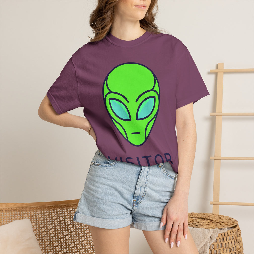 Dark plum crew-neck alien face graphic T-shirt with partial dark text, short sleeves