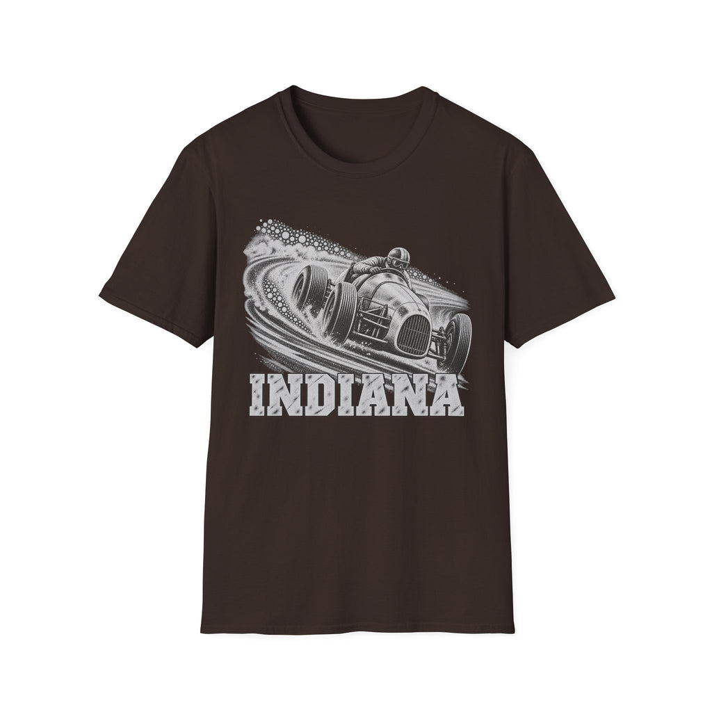 Dark brown T-shirt with vintage open-wheel race car and Indiana graphic on chest