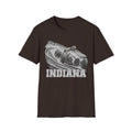 Dark brown T-shirt with vintage open-wheel race car and Indiana graphic on chest