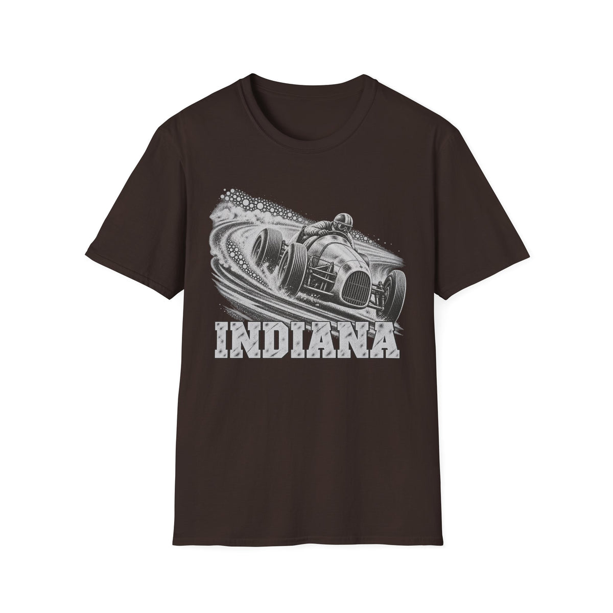 Dark brown T-shirt with vintage open-wheel race car and Indiana graphic on chest