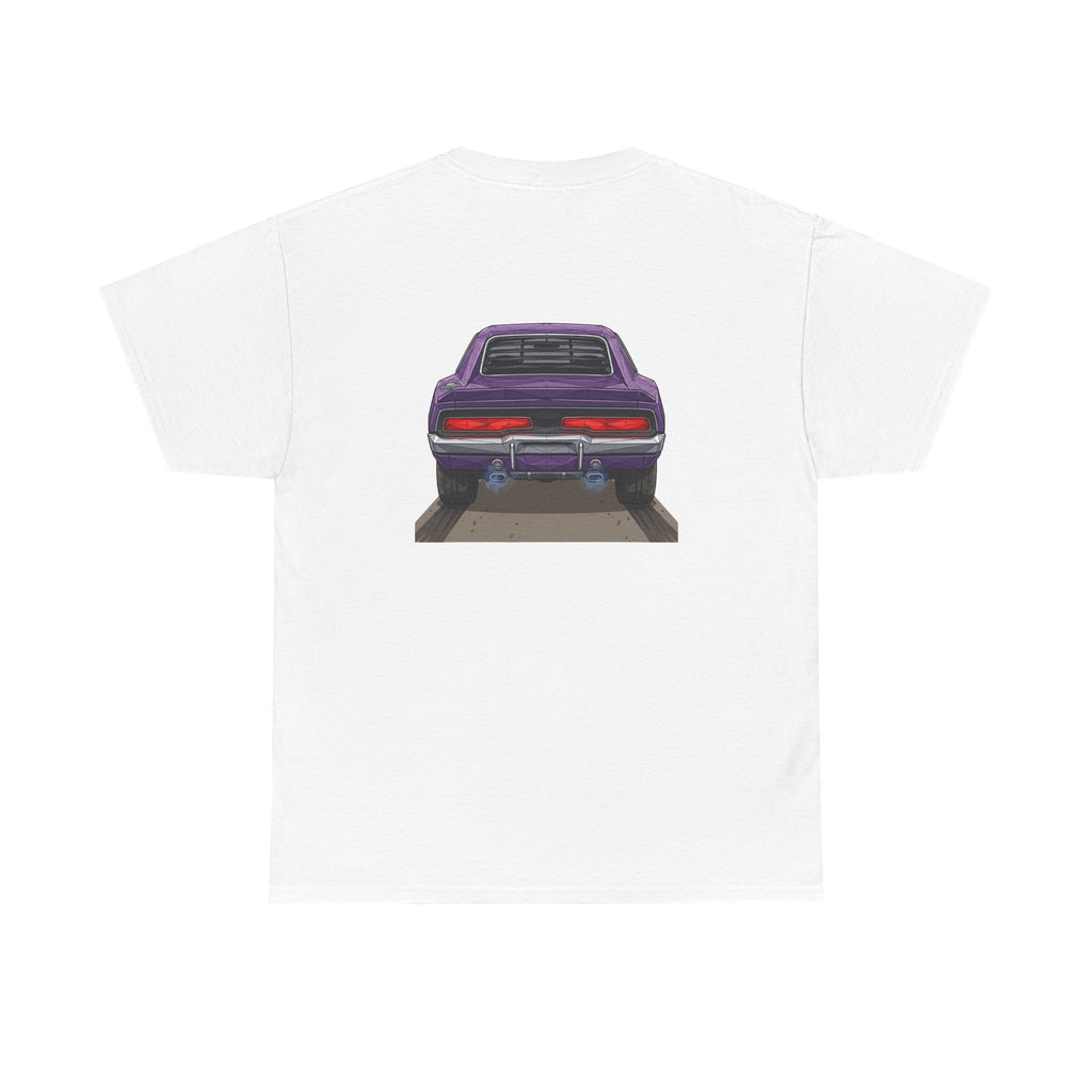 White T-shirt with purple retro muscle car graphic on the back