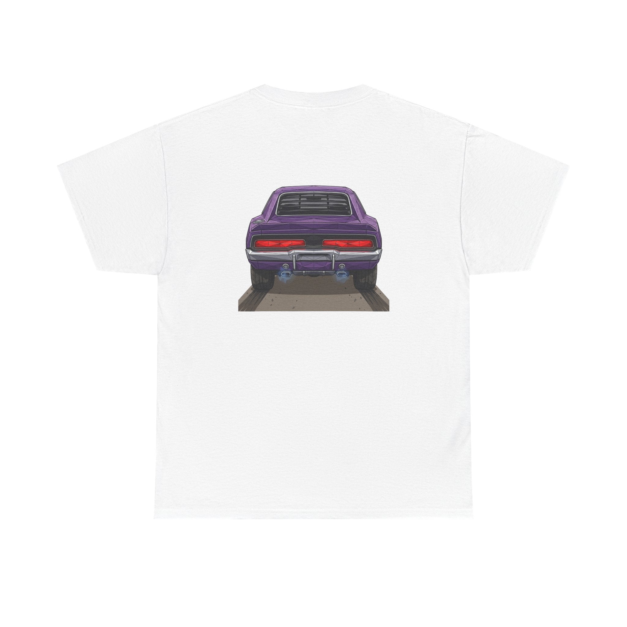 White T-shirt with purple retro muscle car graphic on the back