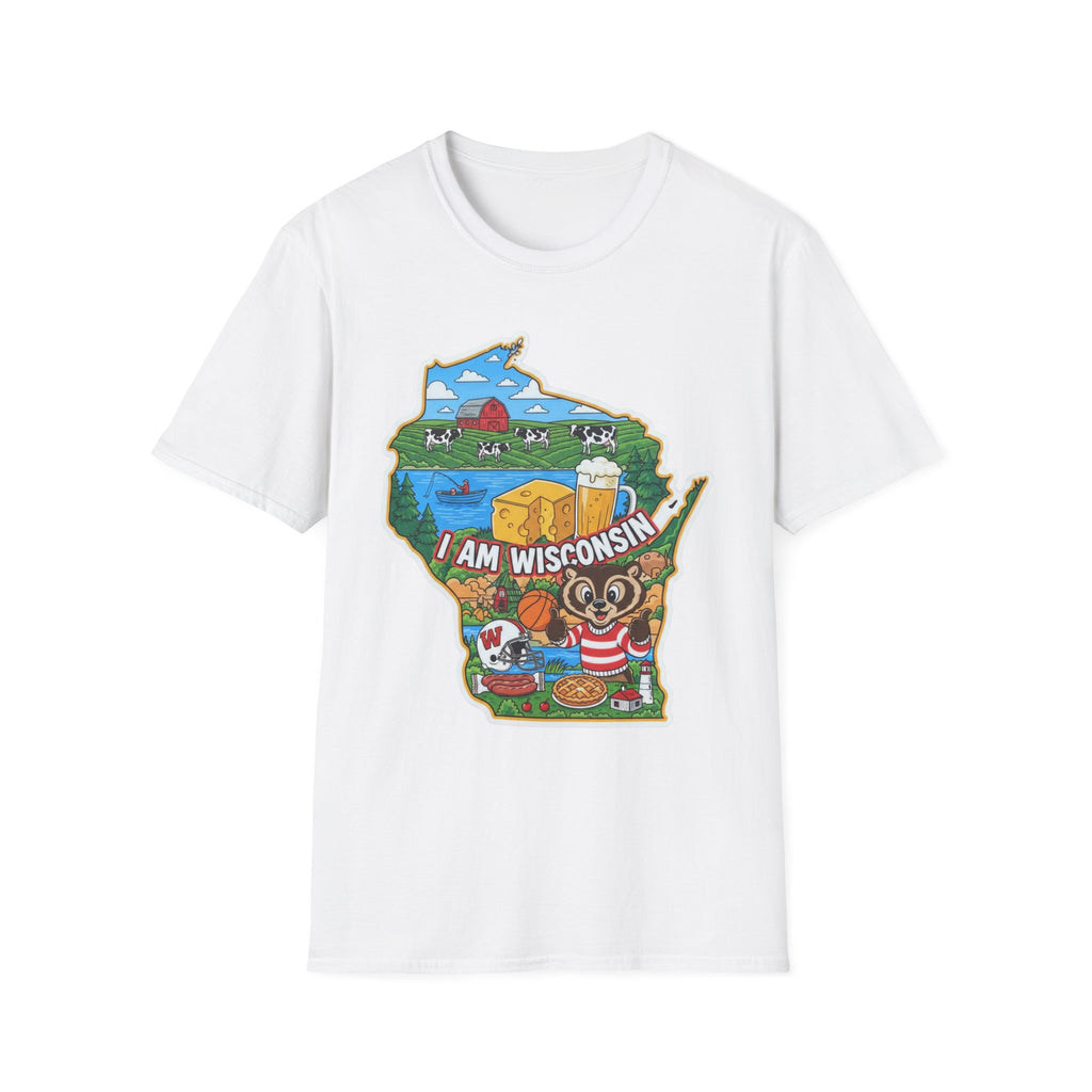 White T-shirt with Wisconsin map graphic and cheese/dairy farm badger mascot
