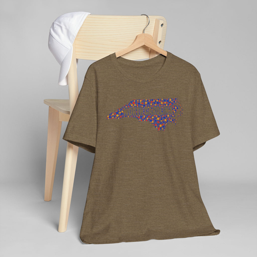 Olive-brown T-shirt with colorful dotted North Carolina outline graphic