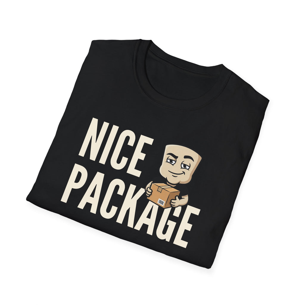 Black T-shirt with 'NICE PACKAGE' text and cartoon delivery worker holding a box.