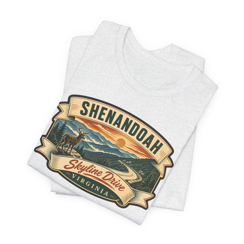 Light gray short-sleeve t-shirt with vintage Skyline Drive badge graphic detail