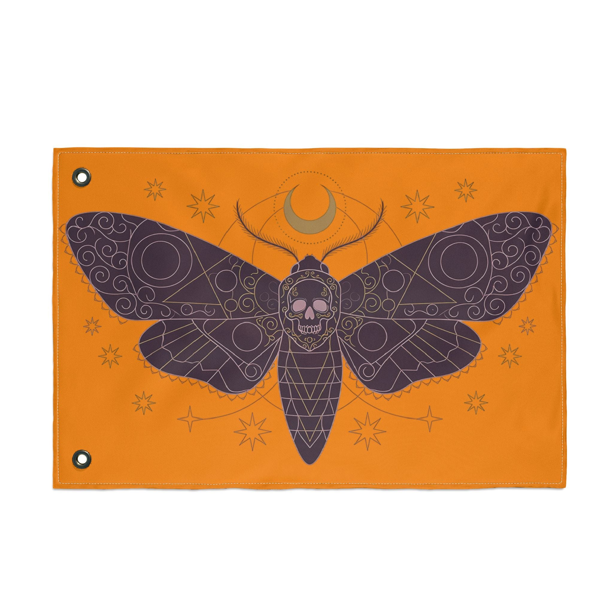 Orange gothic moth skull flag with purple wings and centered skull, metal grommets.