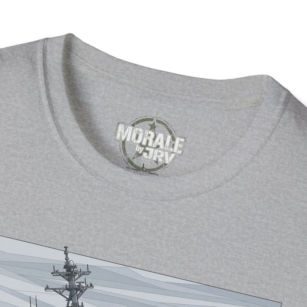 Sport grey T-shirt with round logo at neckline and partial wave print