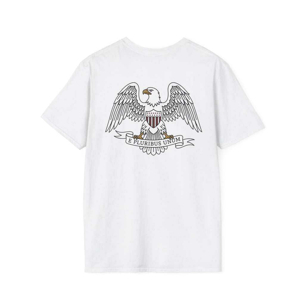 White t-shirt with front bald eagle crest graphic and “E PLURIBUS UNUM” banner