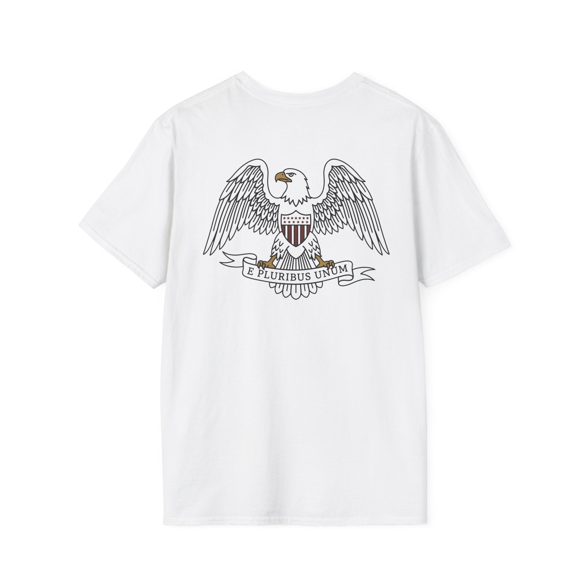 White t-shirt with front bald eagle crest graphic and “E PLURIBUS UNUM” banner
