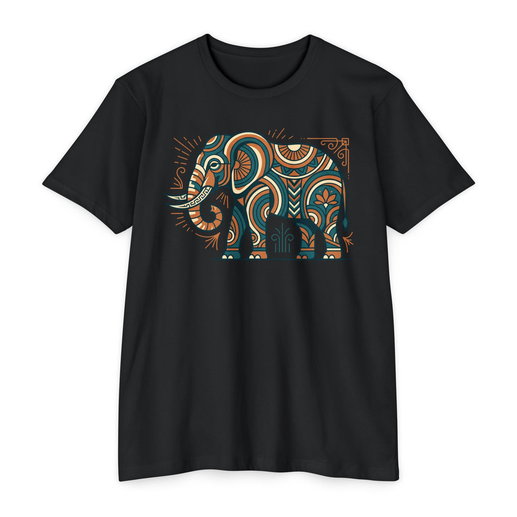 Black crewneck short-sleeve T-shirt with colorful paisley elephant graphic on chest