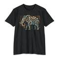 Black crewneck short-sleeve T-shirt with colorful paisley elephant graphic on chest