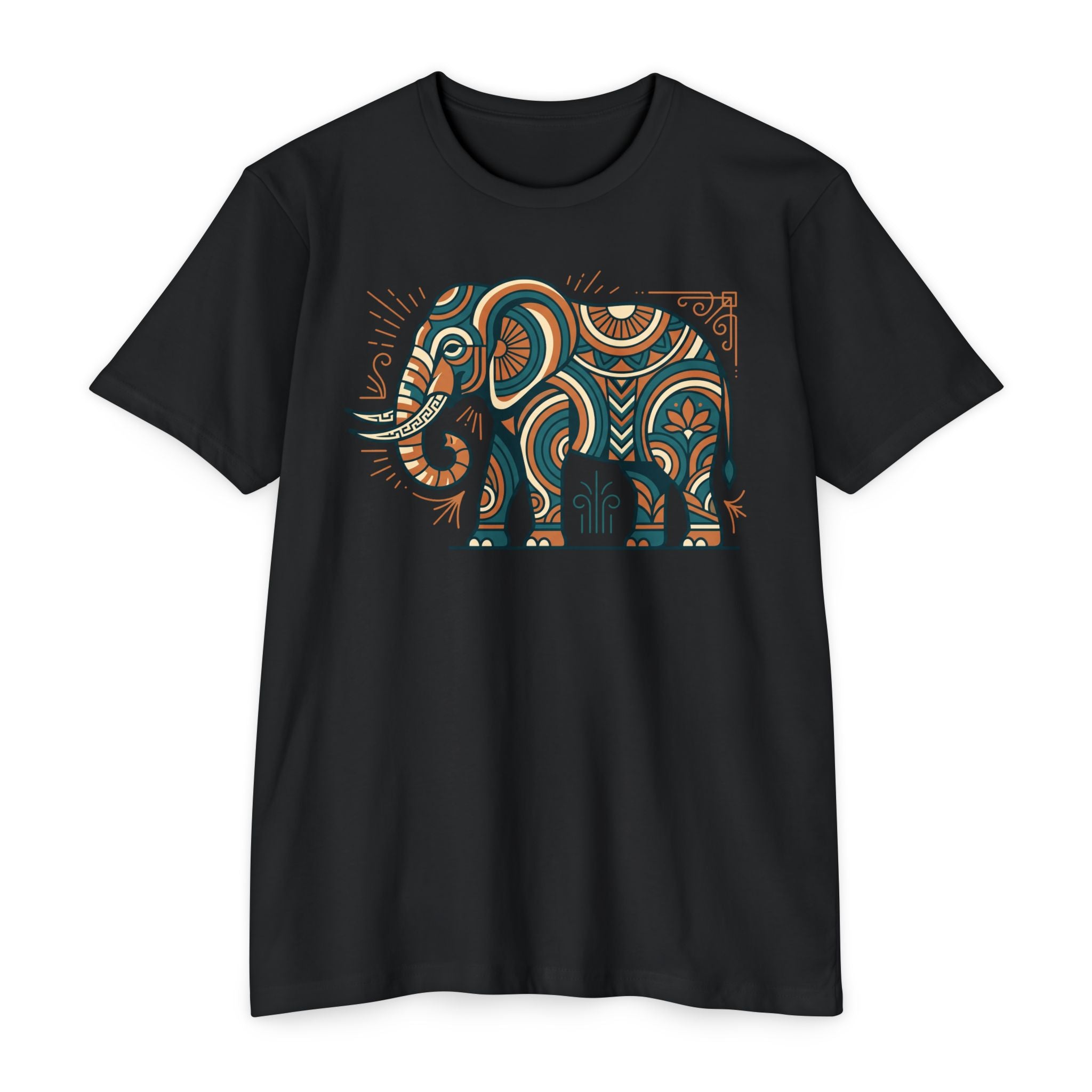 Black crewneck short-sleeve T-shirt with colorful paisley elephant graphic on chest
