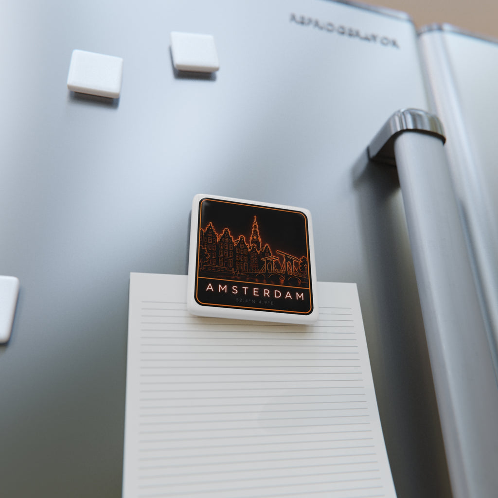 Square white porcelain magnet with neon orange Amsterdam skyline on dark panel