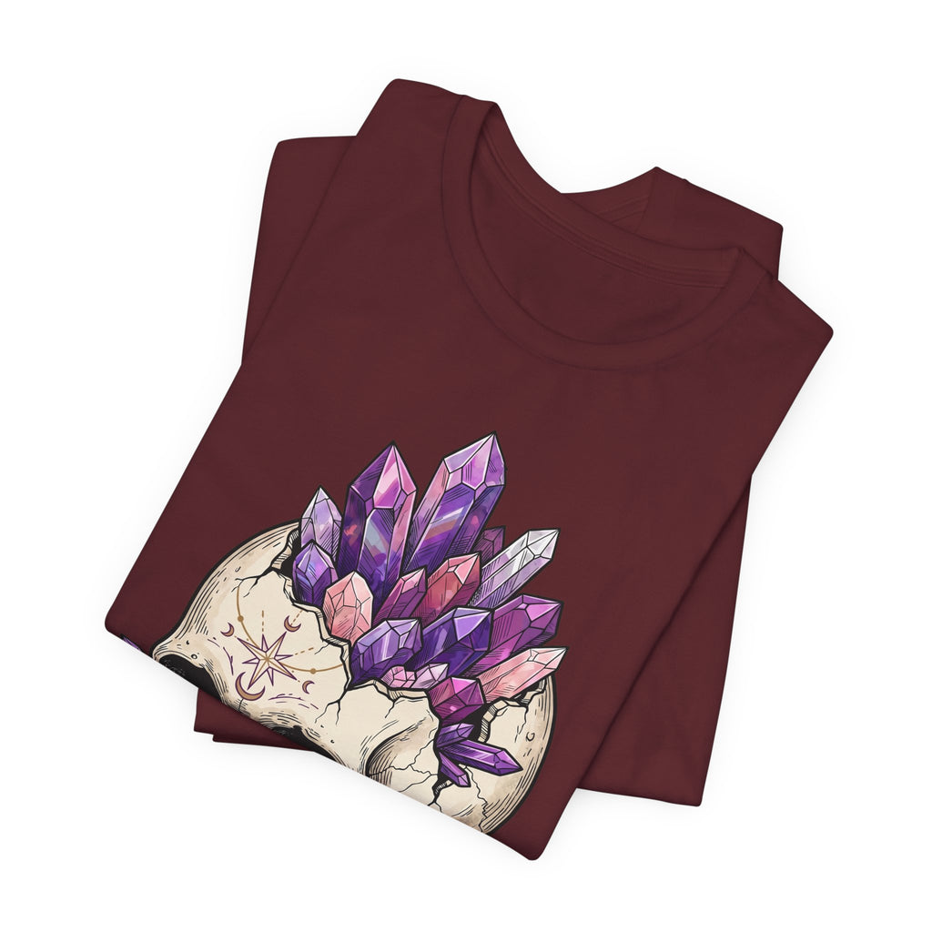 Amethyst crystal skull graphic T-shirt, maroon (folded)