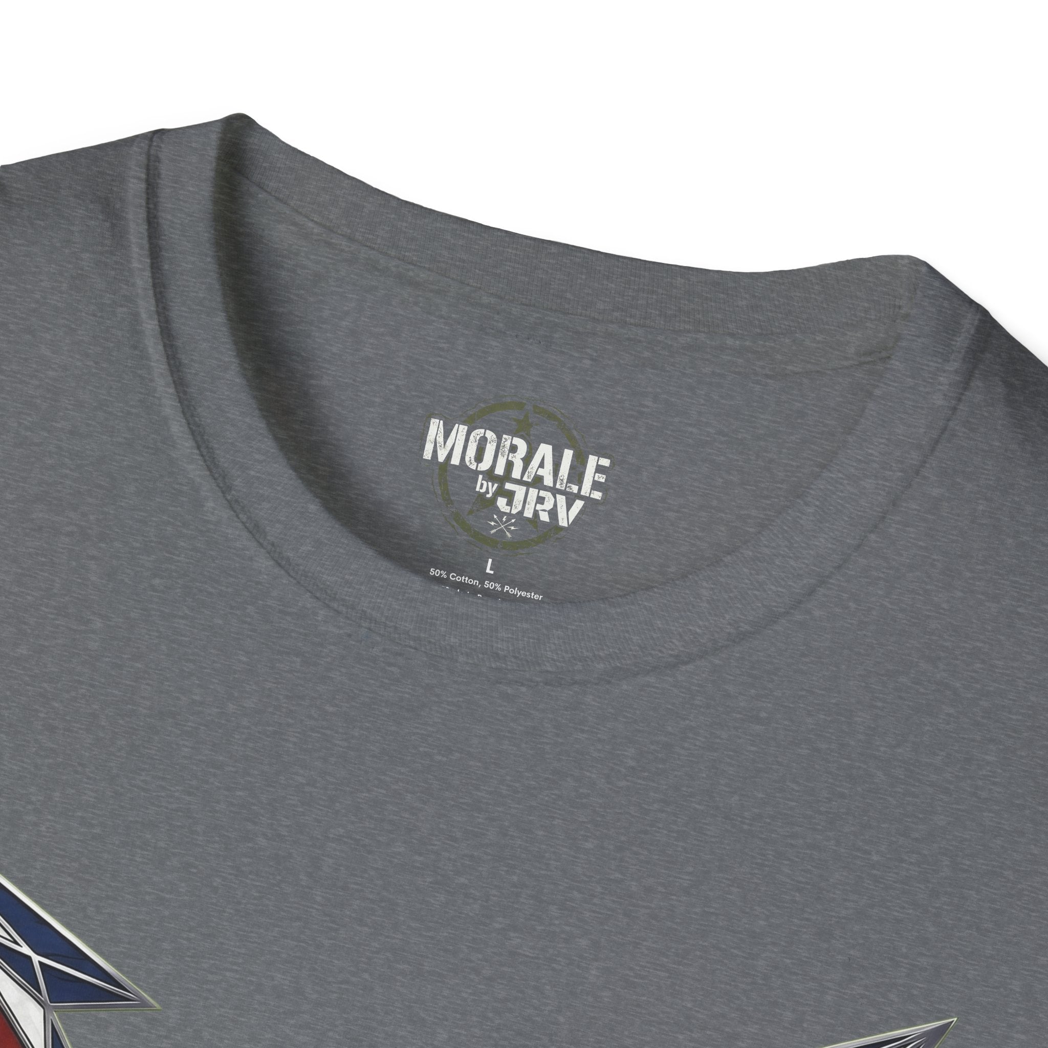 Dark heather T-shirt back with 'MORALE' logo near crew neck
