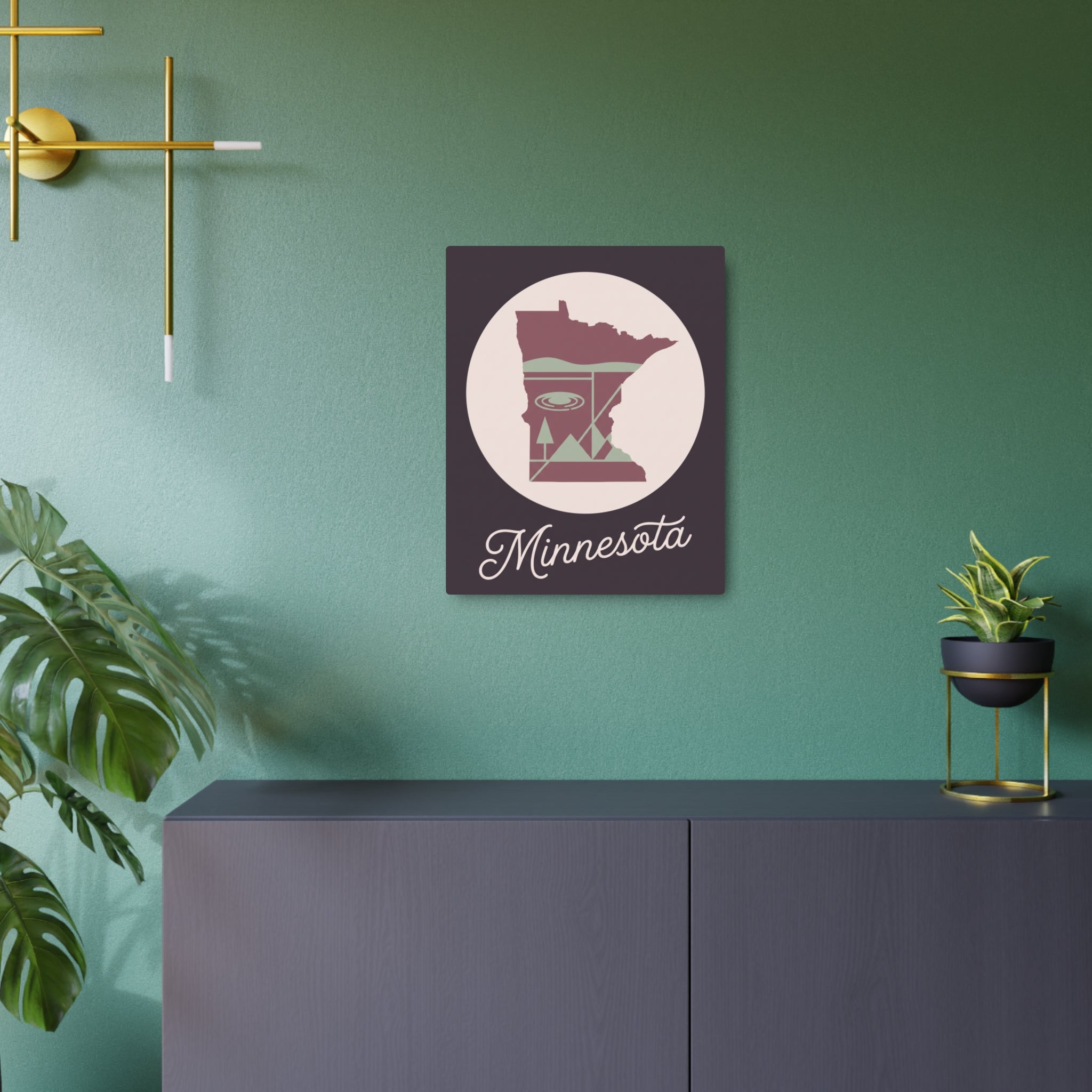 Square Minnesota metal wall art with pink and sage silhouette and cursive text