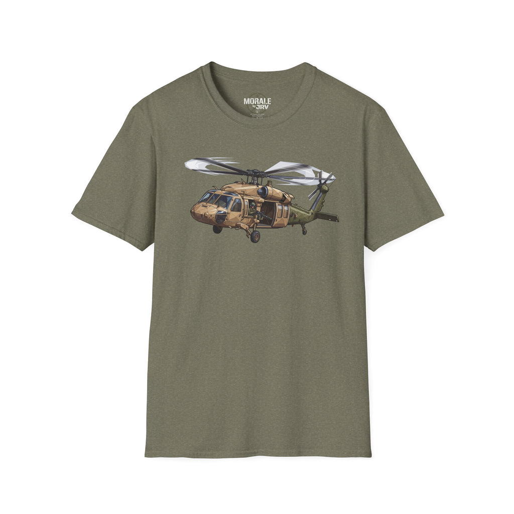 Helicopter graphic T-shirt in military green, front print of a UH-60 Black Hawk