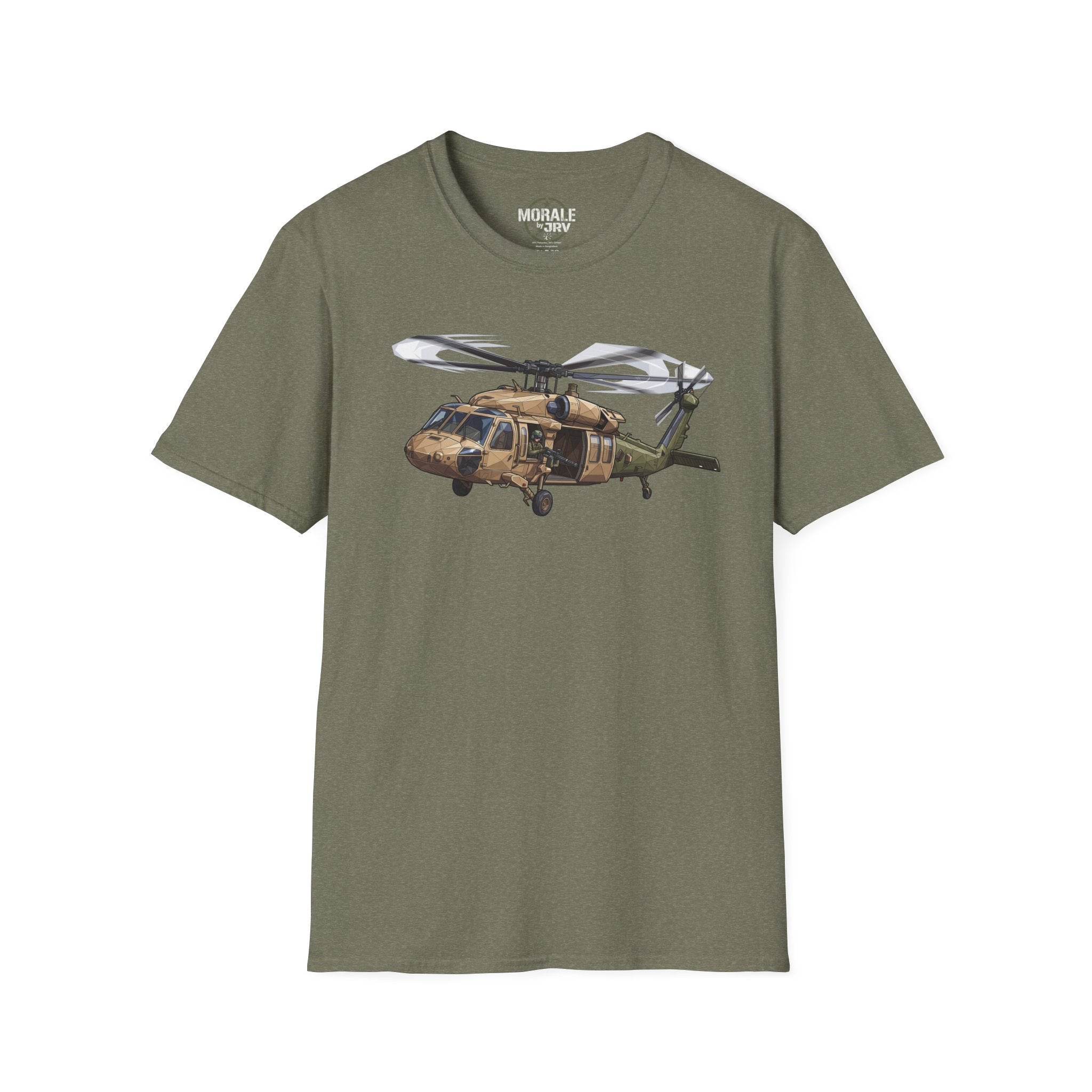 Helicopter graphic T-shirt in military green, front print of a UH-60 Black Hawk