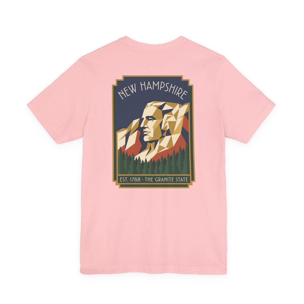 Art deco T-shirt in light pink with framed New Hampshire mountain graphic