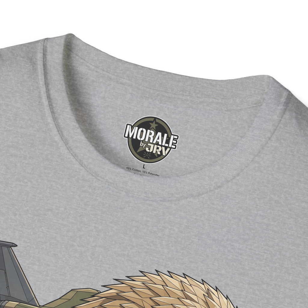 Heather gray T-shirt neckline with circular logo patch