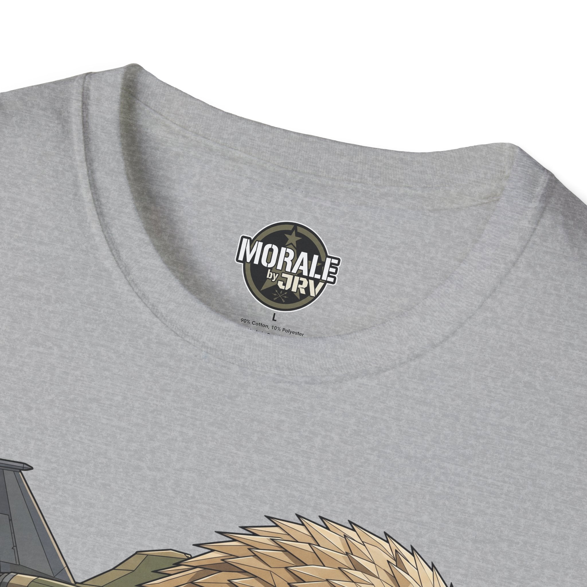Heather gray T-shirt neckline with circular logo patch