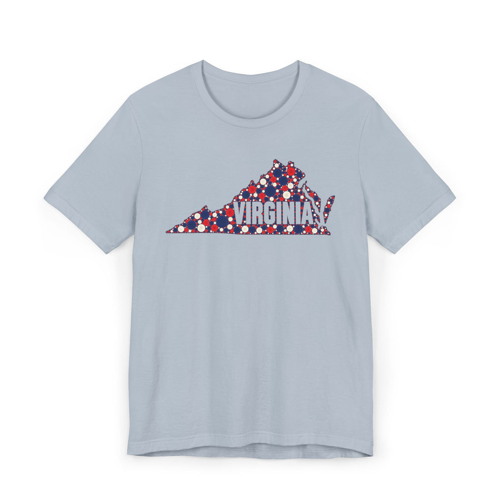 Light blue crewneck T-shirt with front Virginia map graphic in red, white, and blue