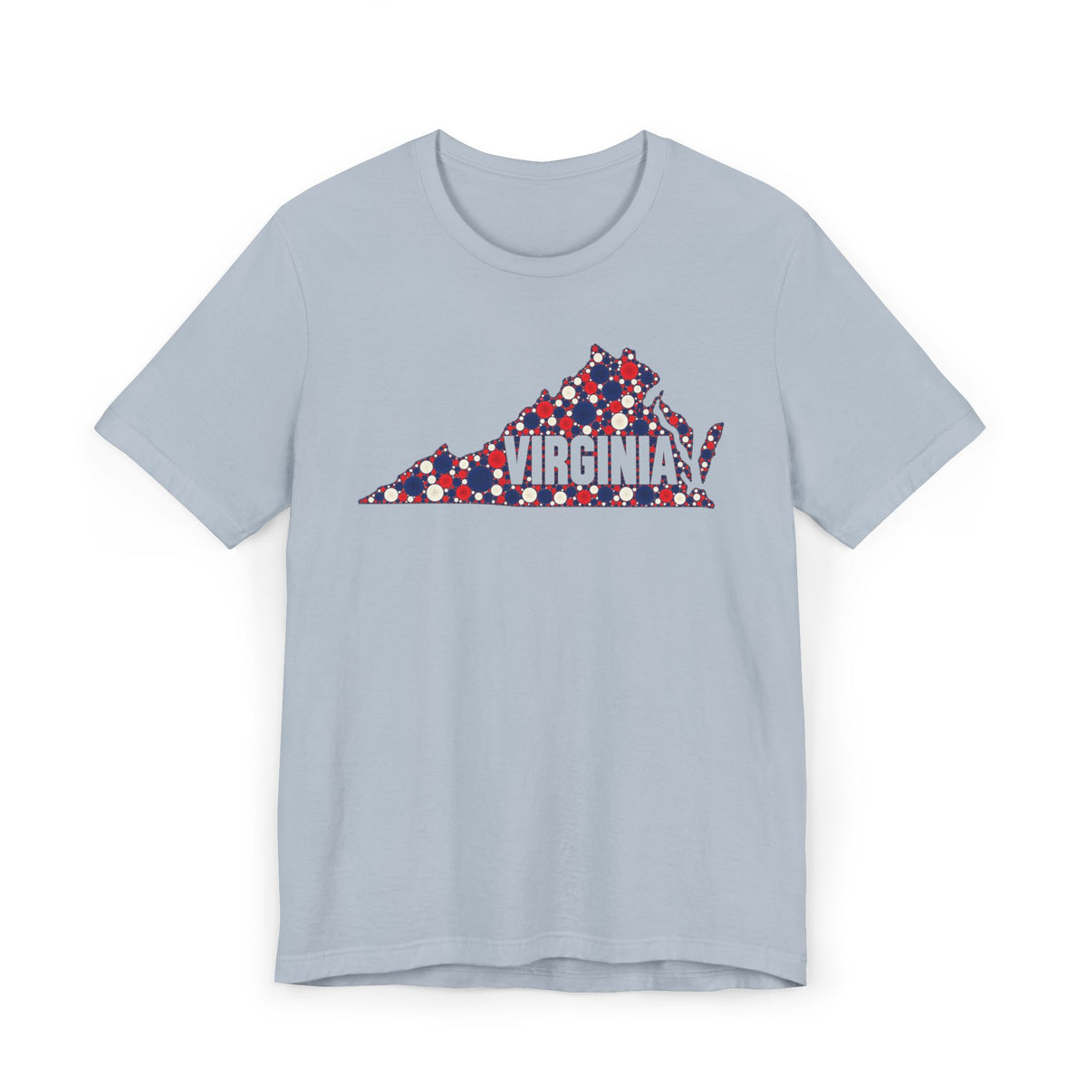 Light blue crewneck T-shirt with front Virginia map graphic in red, white, and blue