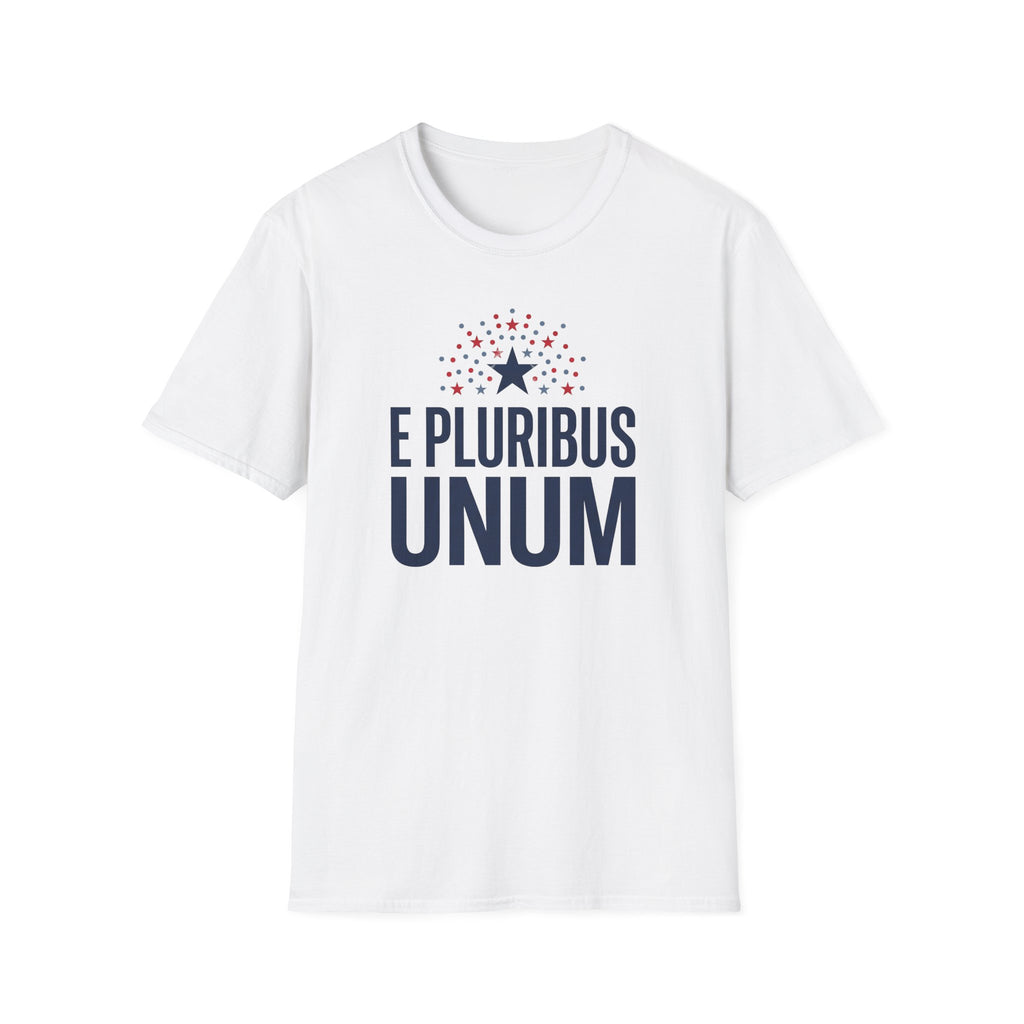 White crew-neck graphic T-shirt with starburst, 'E Pluribus Unum' lettering