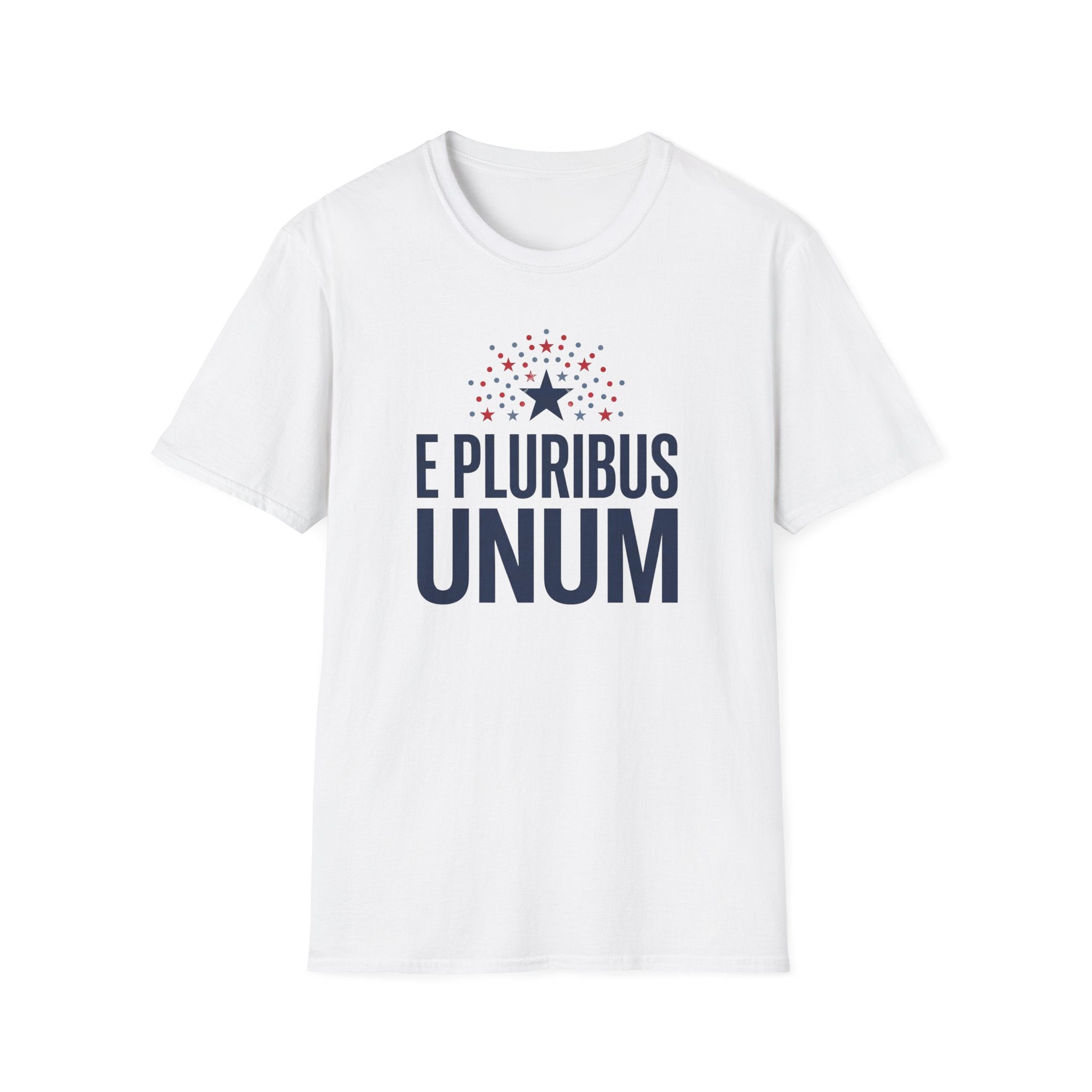 White crew-neck graphic T-shirt with starburst, 'E Pluribus Unum' lettering
