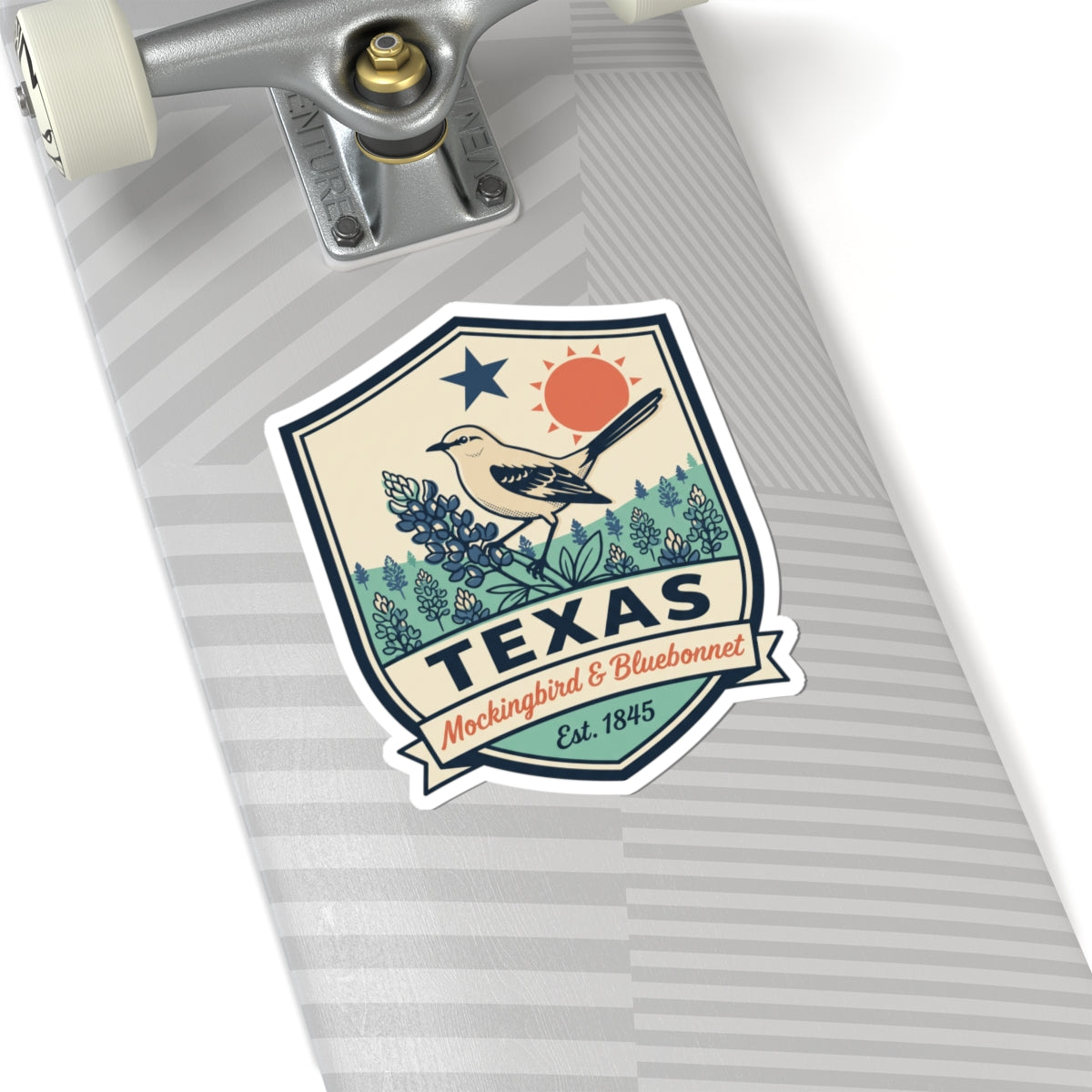 Texas shield sticker with mockingbird, bluebonnets, star and sun, TEXAS label and Est. 1845