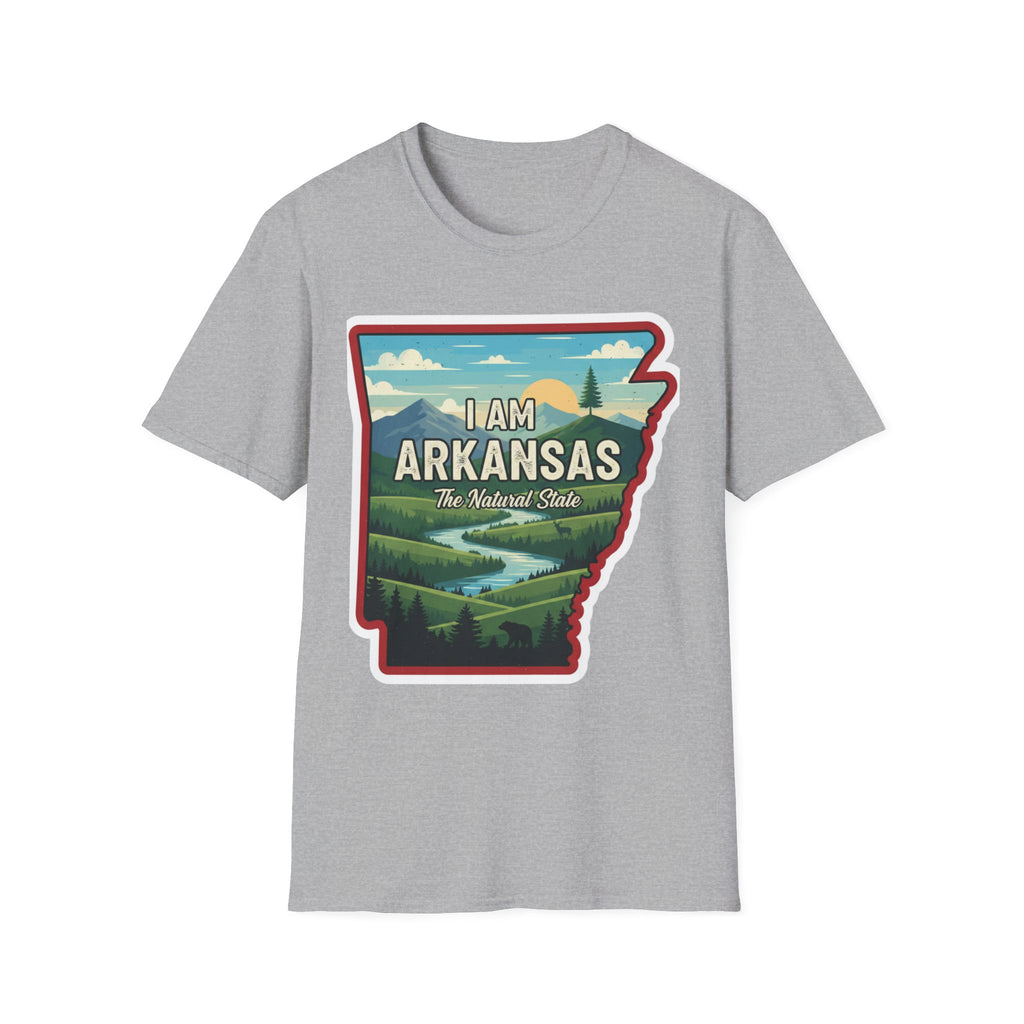 I AM Arkansas T-shirt in light heather grey with state outline landscape and wording