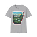 I AM Arkansas T-shirt in light heather grey with state outline landscape and wording