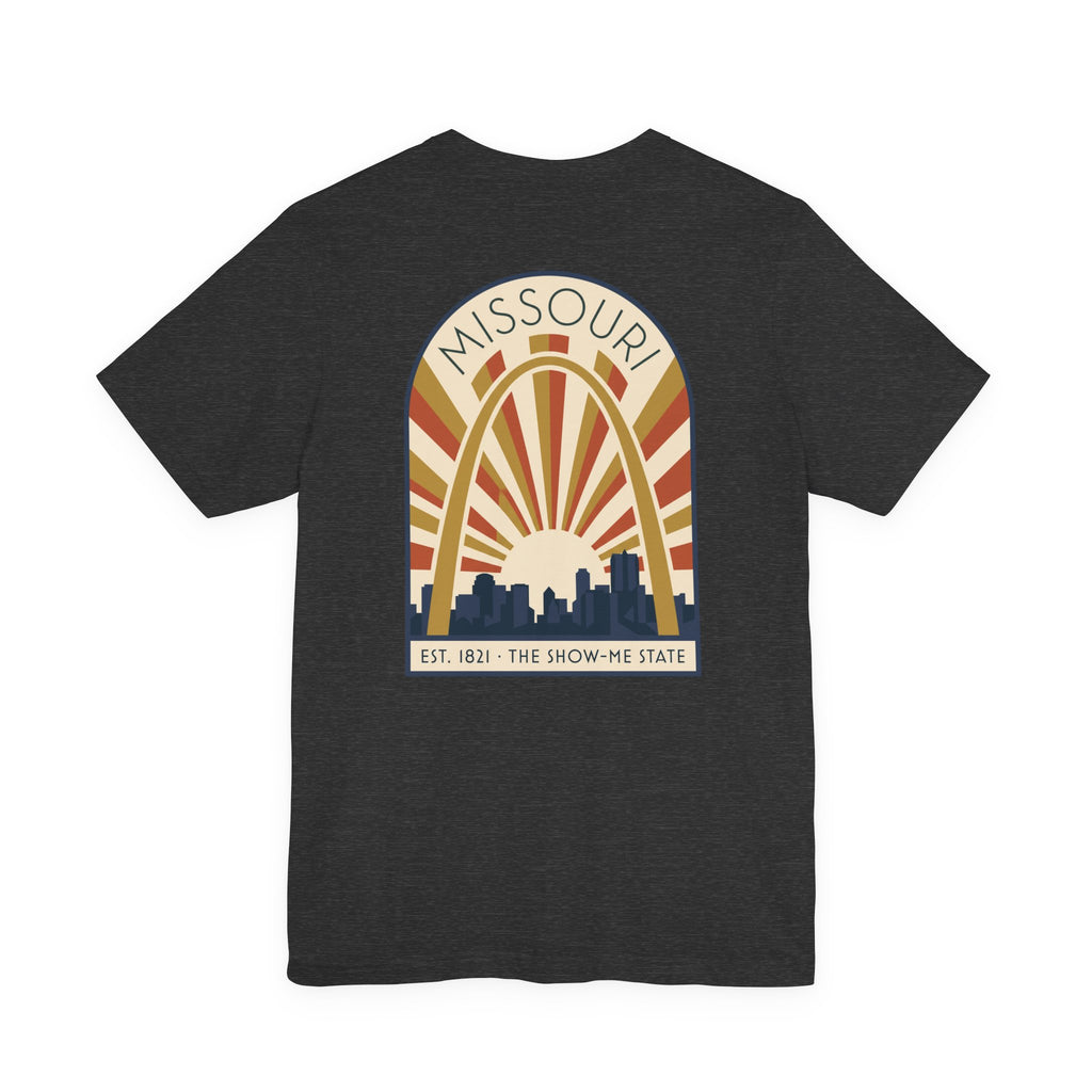 Dark charcoal Missouri sunrise art deco T-shirt with arch skyline graphic and “MISSOURI” text.