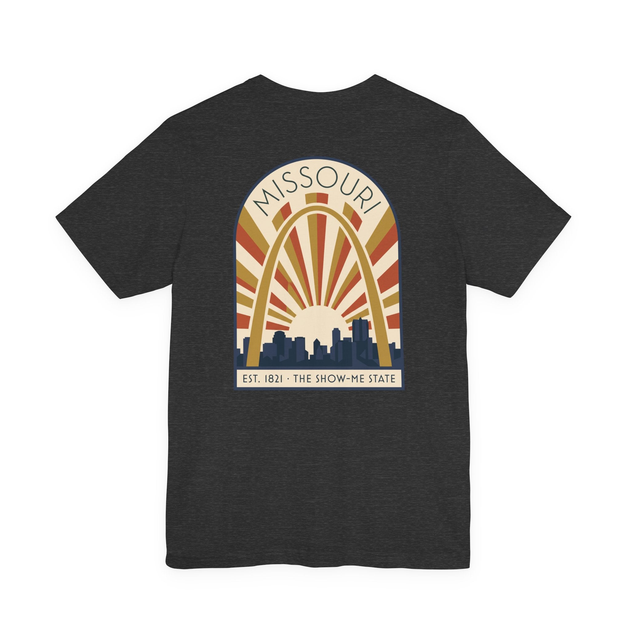 Dark charcoal Missouri sunrise art deco T-shirt with arch skyline graphic and “MISSOURI” text.