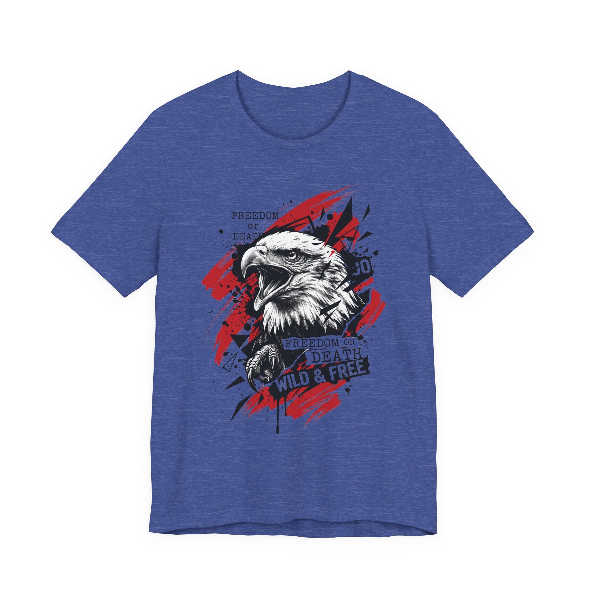 Royal blue eagle graphic T-shirt with red splatter circle and front eagle head print