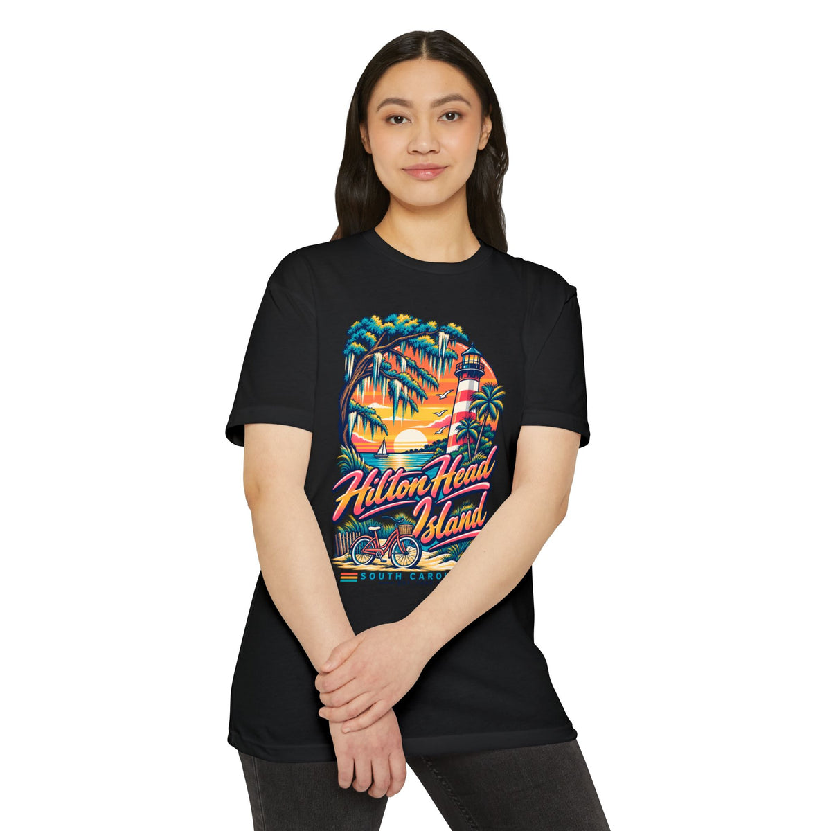 Black crew-neck T-shirt with colorful circular island logo graphic