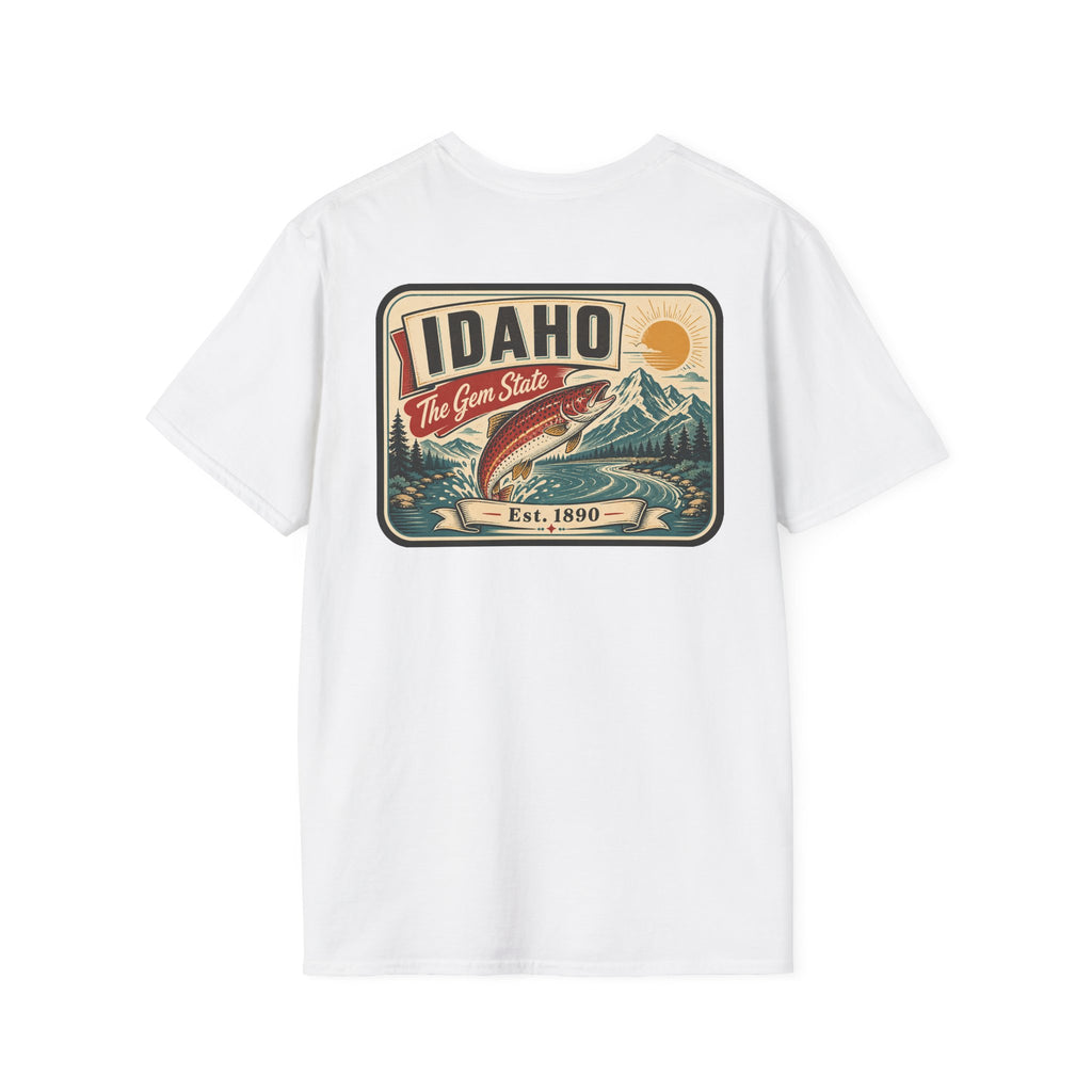 White t-shirt with Idaho travel badge graphic and trout illustration