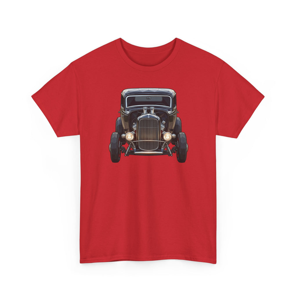 Red short-sleeve T-shirt with vintage hot rod graphic, front view, larger on the chest