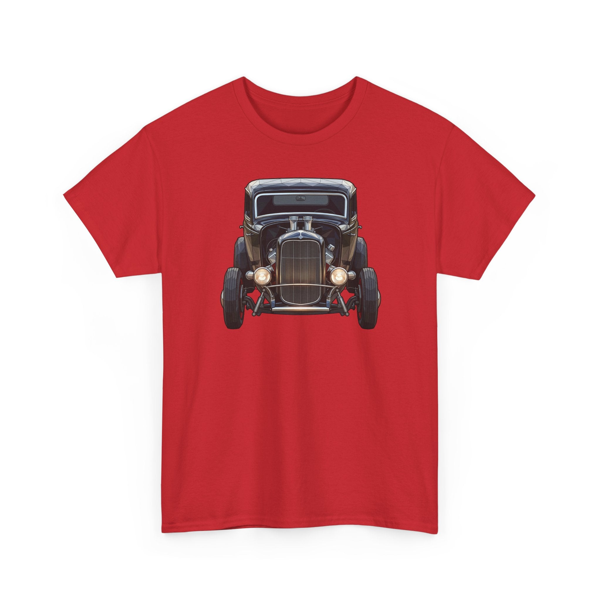 Red short-sleeve T-shirt with vintage hot rod graphic, front view, larger on the chest