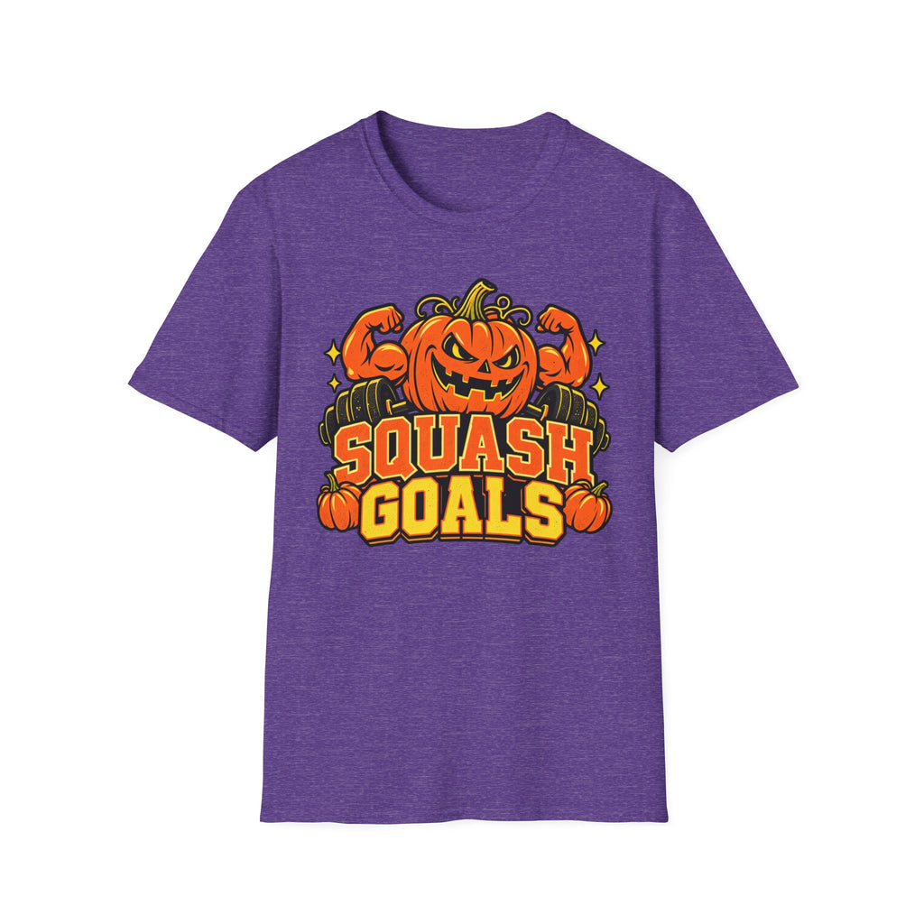 Heather purple Halloween T-shirt with jack-o-lantern pumpkin graphic and "SQUASH GOALS" text